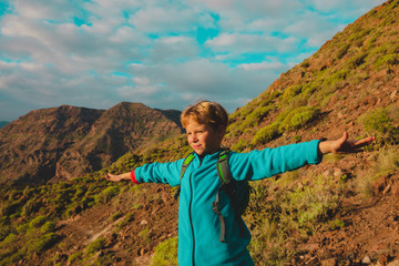 happy young boy enjoy travel in mountains