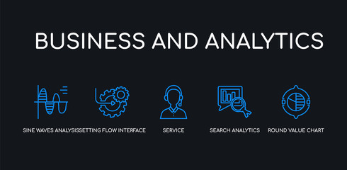 Obraz premium 5 outline stroke blue round value chart, search analytics, service, setting flow interface, sine waves analysis icons from business and analytics collection on black background. line editable linear