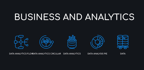 5 outline stroke blue data, data analysis pie chart, data analytics, analytics circular, analytics flow icons from business and collection on black background. line editable linear thin icons.