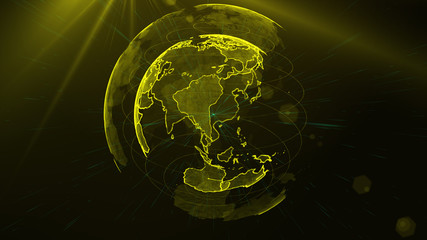 Digital golden planet of Earth. 3D animation with digital Earth and particles. 3D illustration