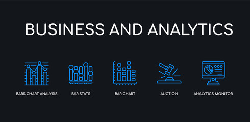 5 outline stroke blue analytics monitor, auction, bar chart, bar stats, bars chart analysis icons from business and analytics collection on black background. line editable linear thin icons.
