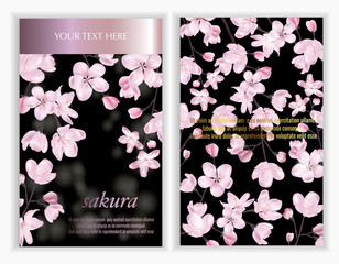 Set of Vector cards with Luxurious sakura flowers on black background