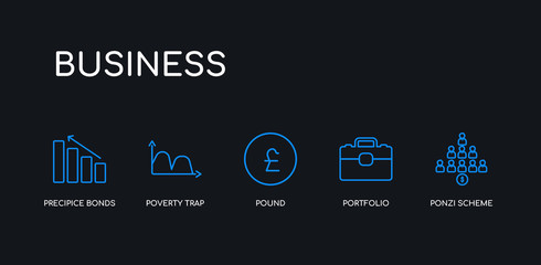 Fototapeta premium 5 outline stroke blue ponzi scheme, portfolio, pound, poverty trap, precipice bonds icons from business collection on black background. line editable linear thin icons.