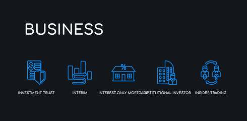 5 outline stroke blue insider trading, institutional investor, interest-only mortgage, interim, investment trust icons from business collection on black background. line editable linear thin icons.