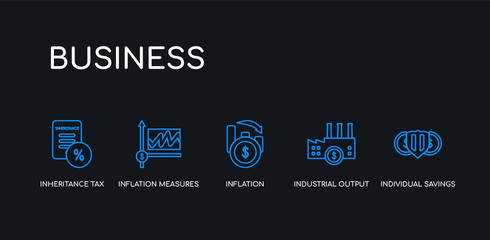 5 outline stroke blue individual savings account (isa), industrial output, inflation, inflation measures, inheritance tax icons from business collection on black background. line editable linear