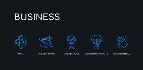 5 outline stroke blue golden hello, golden parachute, golden rule, share, back icons from business collection on black background. line editable linear thin icons.