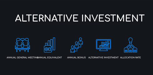 5 outline stroke blue allocation rate, alternative investment market, annual bonus, annual equivalent rate (aer), annual general meeting (agm) icons from alternative investment collection on black