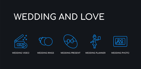 5 outline stroke blue wedding photo, wedding planner, wedding present, rings, video icons from and love collection on black background. line editable linear thin icons.