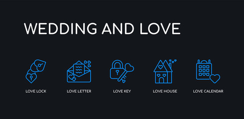 5 outline stroke blue love calendar, love house, love key, letter, lock icons from wedding and collection on black background. line editable linear thin icons.