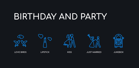 5 outline stroke blue jukebox, just married, kiss, lipstick, love birds icons from birthday and party collection on black background. line editable linear thin icons.
