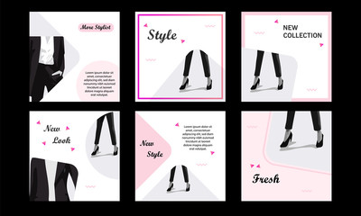 Six Square modern futuristic banner template pack. Minimal pink vibrant duotone in white background. For social media post, internet web banner, flyer, poster and catalog in cosmetic, beauty, fashion