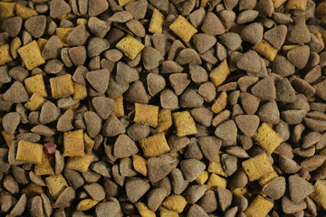 Pile of dry cat food texture. Top view. Background of the granules