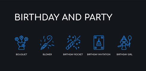 Obraz premium 5 outline stroke blue birthday girl, birthday invitation, birthday rocket, blower, bouquet icons from and party collection on black background. line editable linear thin icons.