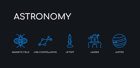 5 outline stroke blue jupiter, lander, liftoff, lyra constellation, magnetic field icons from astronomy collection on black background. line editable linear thin icons.