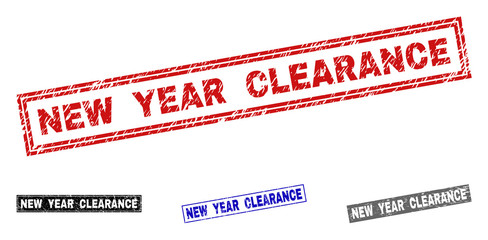 Grunge NEW YEAR CLEARANCE rectangle stamp seals isolated on a white background. Rectangular seals with grunge texture in red, blue, black and grey colors.