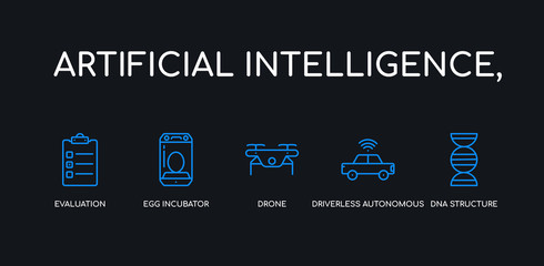 5 outline stroke blue dna structure, driverless autonomous car, drone, egg incubator, evaluation icons from artificial intelligence, collection on black background. line editable linear thin icons.