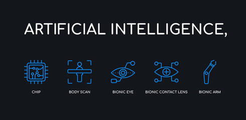5 outline stroke blue bionic arm, bionic contact lens, bionic eye, body scan, chip icons from artificial intelligence, collection on black background. line editable linear thin icons.
