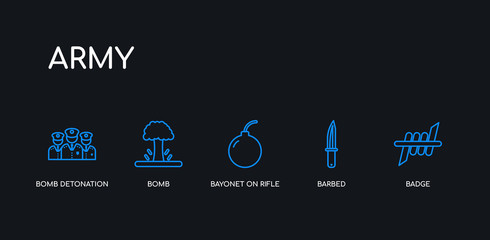 5 outline stroke blue badge, barbed, bayonet on rifle, bomb, bomb detonation icons from army collection on black background. line editable linear thin icons.