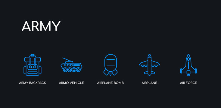 5 outline stroke blue air force, airplane, airplane bomb, armo vehicle, army backpack icons from army collection on black background. line editable linear thin icons.