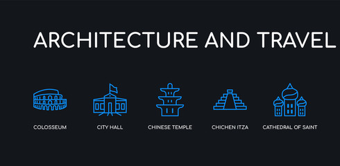 5 outline stroke blue cathedral of saint basil, chichen itza, chinese temple, city hall, colosseum icons from architecture and travel collection on black background. line editable linear thin icons.