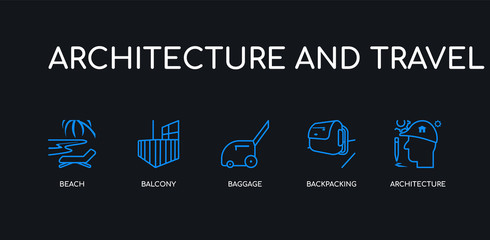 5 outline stroke blue architecture, backpacking, baggage, balcony, beach icons from architecture and travel collection on black background. line editable linear thin icons.
