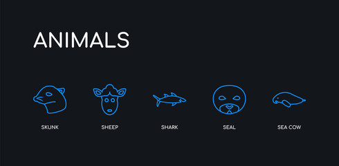 5 outline stroke blue sea cow, seal, shark, sheep, skunk icons from animals collection on black background. line editable linear thin icons.