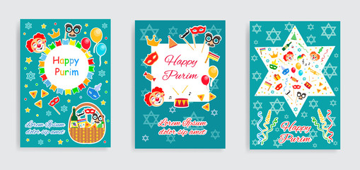 Happy Purim carnival set poster, invitation, flyer. Collection of templates for your design. Festival Purim jewish holiday background. Vector illustration.