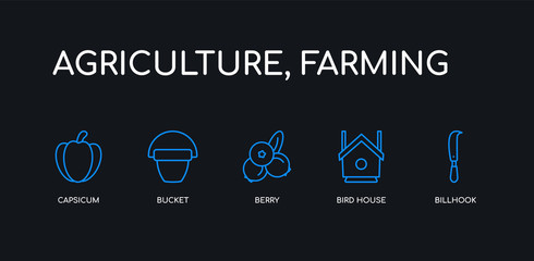 5 outline stroke blue billhook, bird house, berry, bucket, capsicum icons from agriculture, farming collection on black background. line editable linear thin icons.