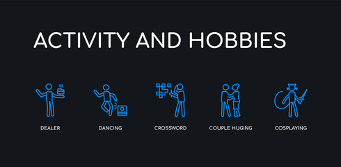5 outline stroke blue cosplaying, couple huging, crossword, dancing, dealer icons from activity and hobbies collection on black background. line editable linear thin icons.