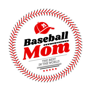Baseball mom emblem with baseball lacing and a hat on white background.