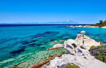 Rocky coast and turquoise sea in Greece