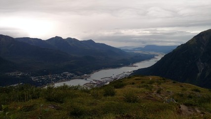 View of the Inside Passage in Alaska from atop a mountain on the edge of Juneau