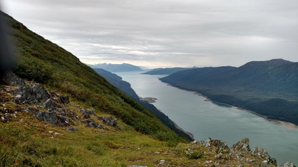 Fototapeta na wymiar View of the Inside Passage in Alaska from atop a mountain on the edge of Juneau