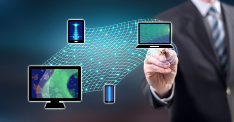 Man touching a device connection concept