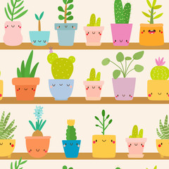Super cute pattern with hand drawn Mini Plants. House Plants characters background.