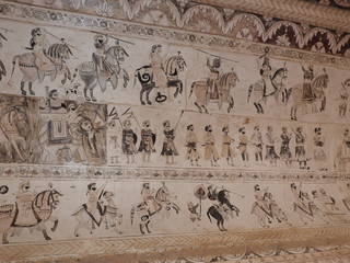 Ancient paintings inside Lakshmi Narayan temple, Orchha, Madhya Pradesh, India.