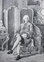 Old engraving of man of 18th century sitting in chair from a vintage book Madame de Pomadour by E. de Goncourt, 1888