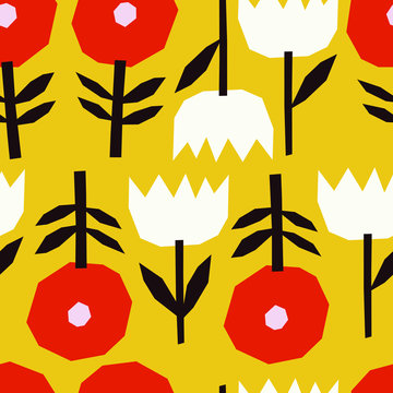 Vector seamless pattern with Cut Out stylized Flowers. Beautiful Floral texture in Scandinavian Folk art style.