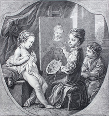 Old engraving of children studying painting from a vintage book Madame de Pomadour by E. de Goncourt, 1888