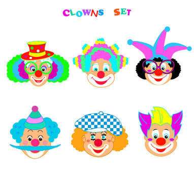Funny Clowns mask icon set, Carnival, Birthday, Happy Purim Festival Jewish Holiday Kids Party decoration cartoon background red hair cute clown face isolated clown head sticker character design