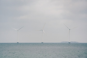 The theme is net power generation and environmental protection. A number of wind blades, wind power in the Baltic Sea in Europe Denmark Copenhagen in winter