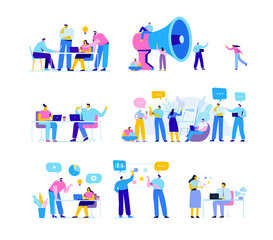 Creative team characters flat vector set. Discussion people. Office workers life. Team thinking and brainstorming.  Analytics of company information. Flat vector characters