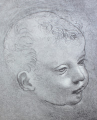 Head of the child of Saint Baptiste by Leonardo Da Vinci in a vintage book Leonard de Vinci, Eugene Muntz, 1899, Paris