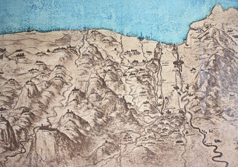 Fototapeta premium Map from bird flight view by Leonardo Da Vinci in a vintage book Leonard de Vinci, Eugene Muntz, 1899, Paris