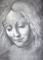 Head of the girl by school of Leonardo Da Vinci in a vintage book Leonard de Vinci, Eugene Muntz, 1899, Paris