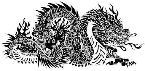 Eastern dragon. Chinese or Asian symbolic mythological creature. Side view .Black and white tattoo style vector illustration