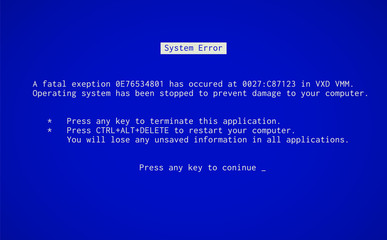 Blue Screen of Death. Operating system crash error message. BSOD malfunction report.