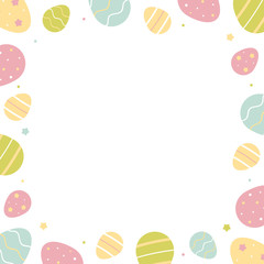 Vector cartoon style card template, frame, border or background for Easter holiday design with cute decorated pastel colors easter eggs.