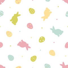 Cute seamless pattern background with colorful decorated easter eggs and bunnies for Easter holiday design.