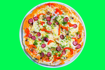 hot tasty fresh pizza on a plate close-up. green background